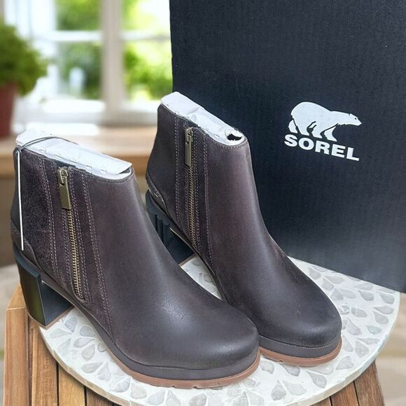 Sorel BLAKE WATERPROOF Blackened Brown Leather Block Heel Ankle Boots Women’s 8. - Picture 2 of 13